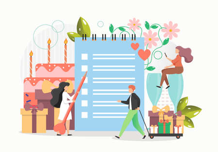 Wedding planner services. Tiny people making wedding planning checklist, flat vector illustrationのイラスト素材