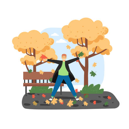 Happy man plays with autumn leaves. Fall season concept vector illustration. Autumn tree in a parkのイラスト素材