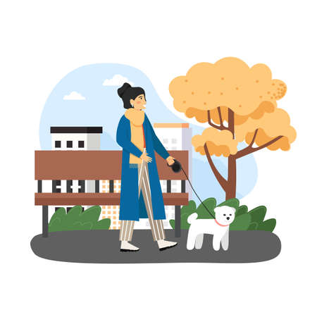 Autumn season. Happy woman walking with her pet dog in city park and enjoying fall, flat vector illustration.のイラスト素材