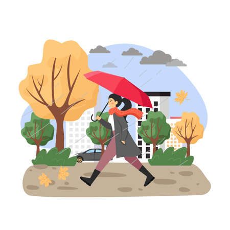 Autumn season. Young girl under umbrella walking in the rain, flat vector illustration.のイラスト素材