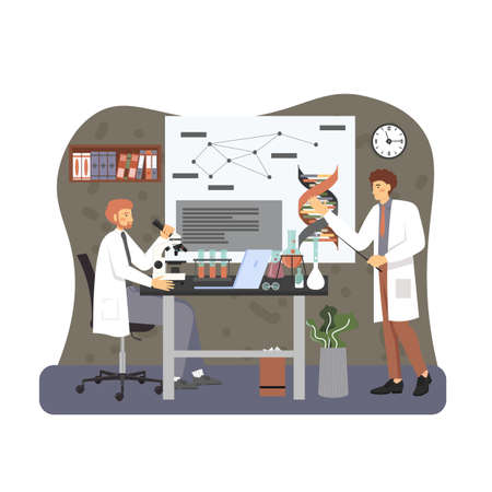 Genetic science laboratory. Scientists in white coats studying dna with lab equipment, flat vector illustration.のイラスト素材