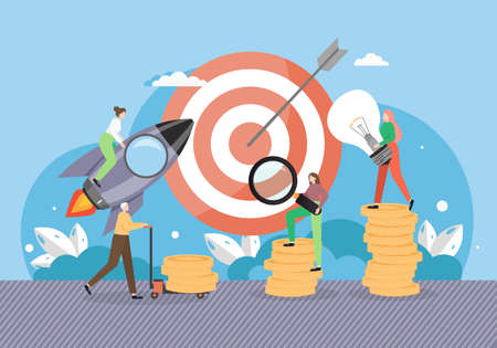 Business project startup rocket launch, flat vector illustration. Targeting, marketing, business...