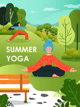 Summer yoga poster design template, flat vector illustration. Healthy lifestyle, outdoor workout.のイラスト素材