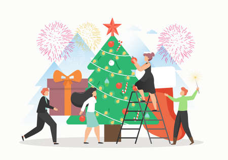Office people decorating Christmas tree and preparing gifts to put them under the tree, flat vector illustration.のイラスト素材