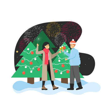 Happy couple celebrating New Year with champagne near city Christmas tree, enjoying fireworks, flat vector illustration.のイラスト素材