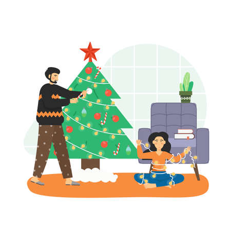 Merry Christmas scene. Happy couple decorating Christmas tree and having fun at home, flat vector illustration.のイラスト素材