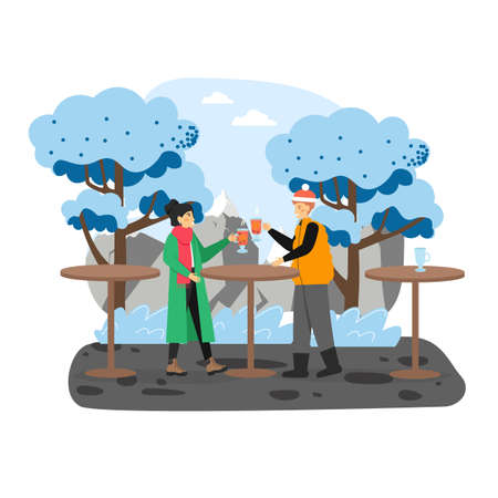 Cafe in the mountains. Happy couple drinking mulled wine, flat vector illustration. Christmas holidays outside the city.のイラスト素材