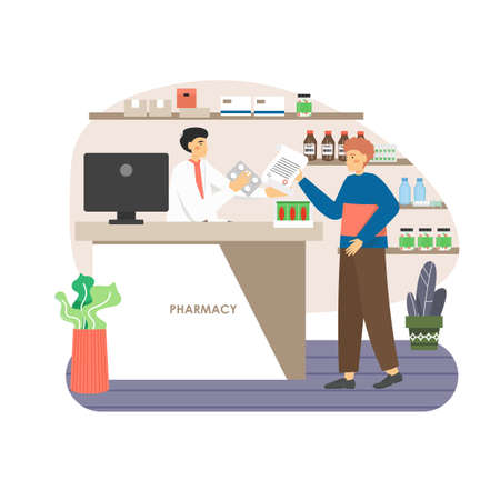 Pharmacy store. Doctor pharmacist at counter, patient buying prescription drugs, flat vector illustration.のイラスト素材