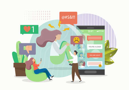 Teens, peers experiencing cyberbullying on social media as victims, perpetrators, flat vector...