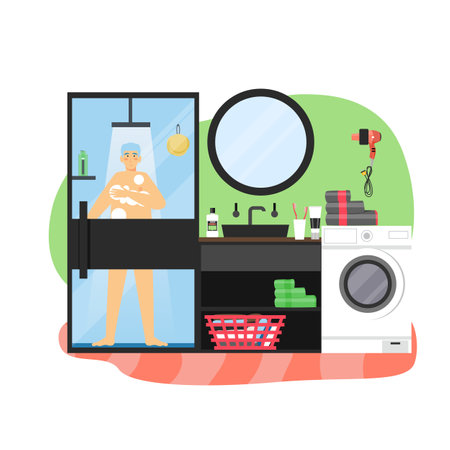 Daily life, morning routine. Young man taking shower in bathroom, flat vector illustration.のイラスト素材