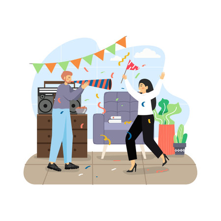 Home party. Happy couple dancing and having fun, flat vector illustration.のイラスト素材