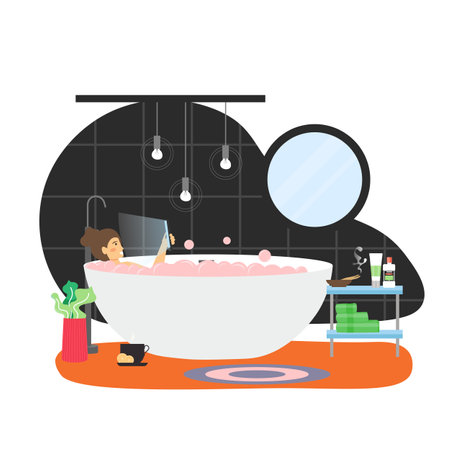 Happy woman taking bath lying in bathtub with mobile phone in hand, flat vector illustration. Smartphone addiction.のイラスト素材