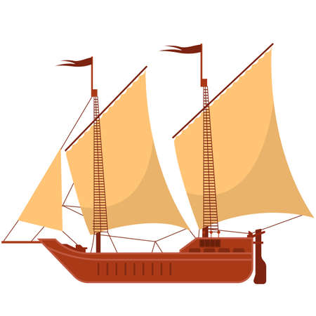 Wooden ship sail boat galley flat vector isolated on whiteのイラスト素材