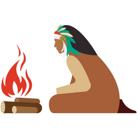 Indian native character sitting near fire vector isolated on whiteのイラスト素材