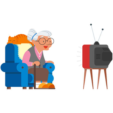 Old woman watch tv vector elderly grandma enjoy movieのイラスト素材
