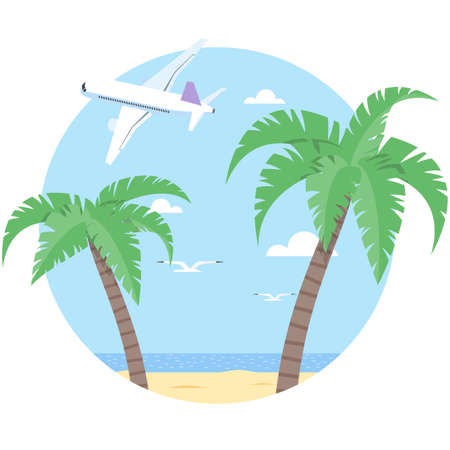Vector beach with palm and airplane illustration on whiteのイラスト素材