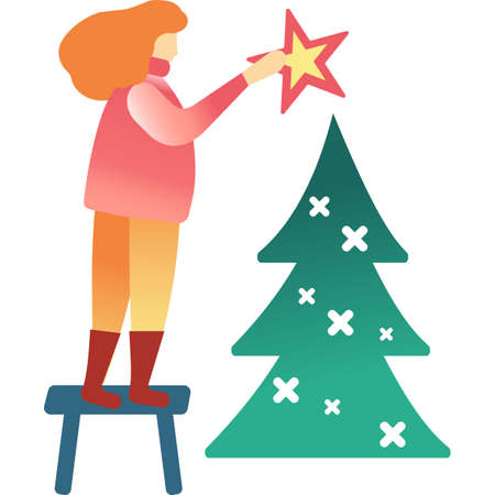 Woman decorating christmas tree vector flat iconのイラスト素材
