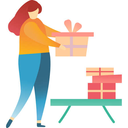 Vector girl stacking gift box for christmas iconのイラスト素材