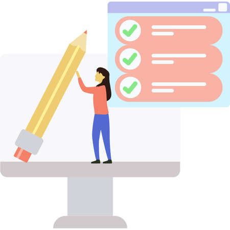 Woman pencil and questionnaire on pc vector iconのイラスト素材