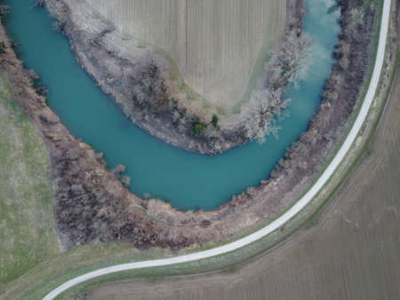 Nadiral drone's photo of a river turn in Vicenza, Italy