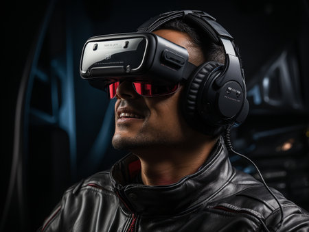 A person who wears a VR device and looks around Generative AIの素材