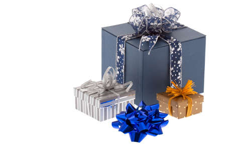 Christmas package, blue paper, small packages, blue bowの写真素材