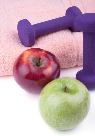 Dumbbell with green and red appleの写真素材