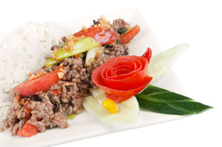 Asian minced meat in front of white backgroundの写真素材