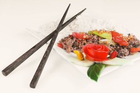 Asian minced meat in front of white backgroundの写真素材