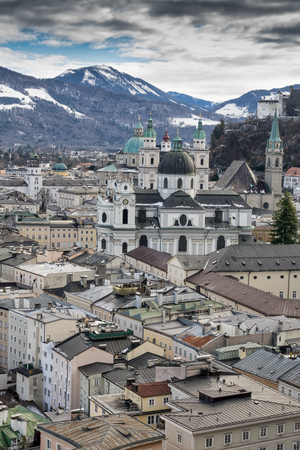 Historical City Salzburg with fortress Hohensalzburg in the winterの写真素材