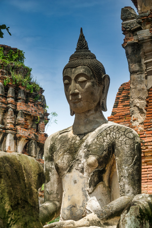 Buddha statue in the ancient historical temple complex Wat Mahathat in Ayutthaya, Thailandの写真素材