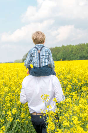 A father walks with his son on his shoulders through a bright yellow rape fieldの写真素材