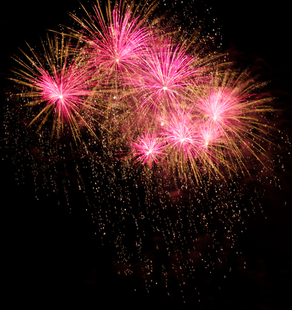 Colorful fireworks on black background at international competition in Montrealの写真素材