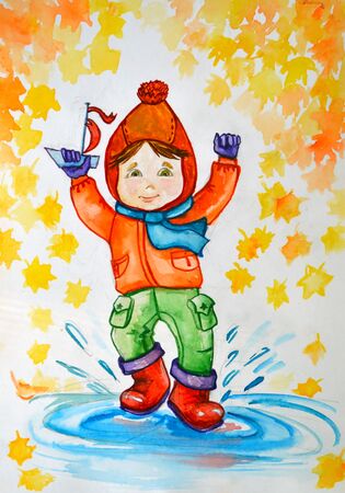 Illustration watercolor. Little girl in hat and rubber boots, with a ship in the hand, autumns splashing in the pool creating splashesの写真素材