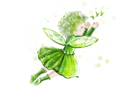 Little fantastic fairy on a background of hearts, in a green dress creates the magic for Valentine's Day. Fabulous angel.の写真素材