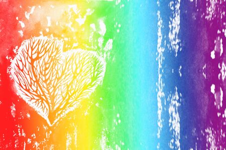 The silhouette of a heart with the trees inside, rainbow watercolor background. Watercolor background colour of the rainbowの写真素材