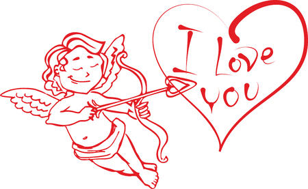 Angel Cupid with a bow and arrow shot in the heart that says I love you. The red outline in the vector to Valentine's dayのイラスト素材