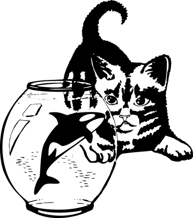 Black and white abstract drawing. Kitten looks at the aquarium, in which swims a whaleのイラスト素材