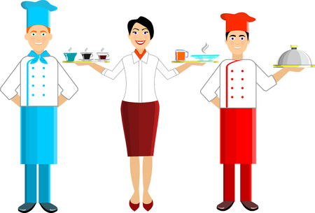 Vector set of chef and waiters, girls and men. With trays on their handsのイラスト素材