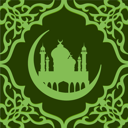 Greeting card in Arabic style. Eastern frame with a green background.  Mosque with crescentのイラスト素材