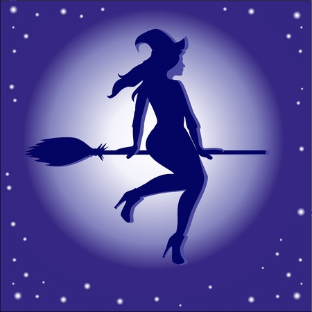 Flying witch on background of moon and stars on blue skyのイラスト素材