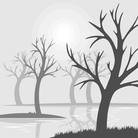 Bare trees on a swamp fog with reflection in waterのイラスト素材