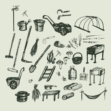 Set Sketch vector illustration, gardening, vacation and holidaysのイラスト素材