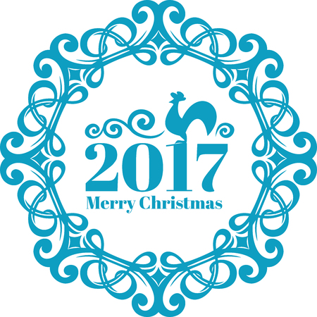 Vector Vintage frame on blue-ice color. New year card c symbol, the rooster. Merry christmas textのイラスト素材