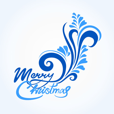 Christmas card with blue handwritten text and greetings merry Christmas, with a winter pattern. Blue and serenity colorsのイラスト素材