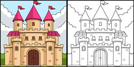 Royal Castle Coloring Page Colored Illustrationのイラスト素材