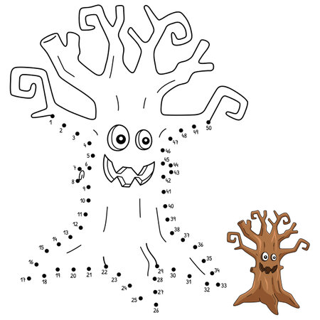 Dot to Dot Scary Tree Halloween Isolated Coloringのイラスト素材
