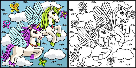 Flying Unicorns Coloring Page Colored Illustrationのイラスト素材