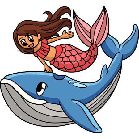 Mermaid With Whale Cartoon Colored Clipartのイラスト素材