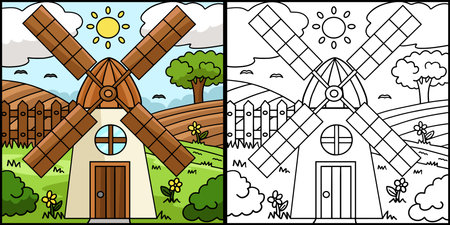 Windmill House Coloring Page Colored Illustrationのイラスト素材